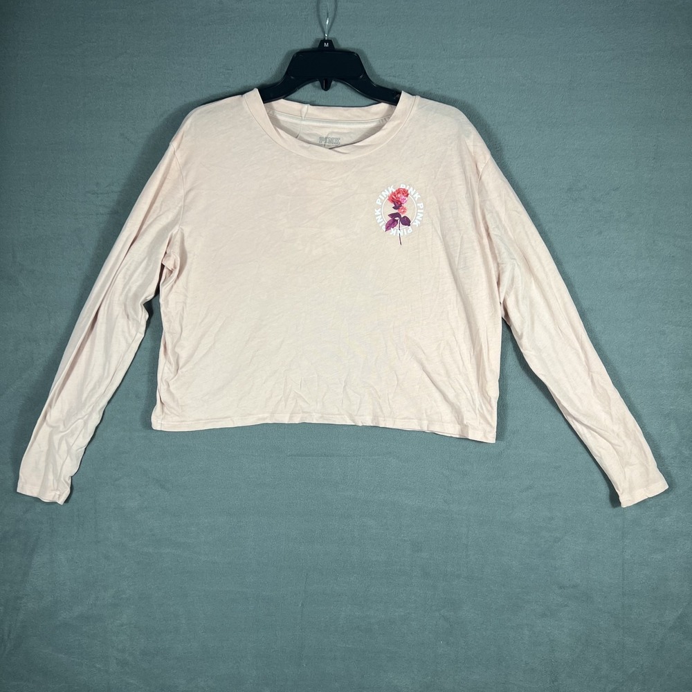 PINK Victoria's Secret Women's M Pink Rose Graphic Long Sleeve Crop Top Tee